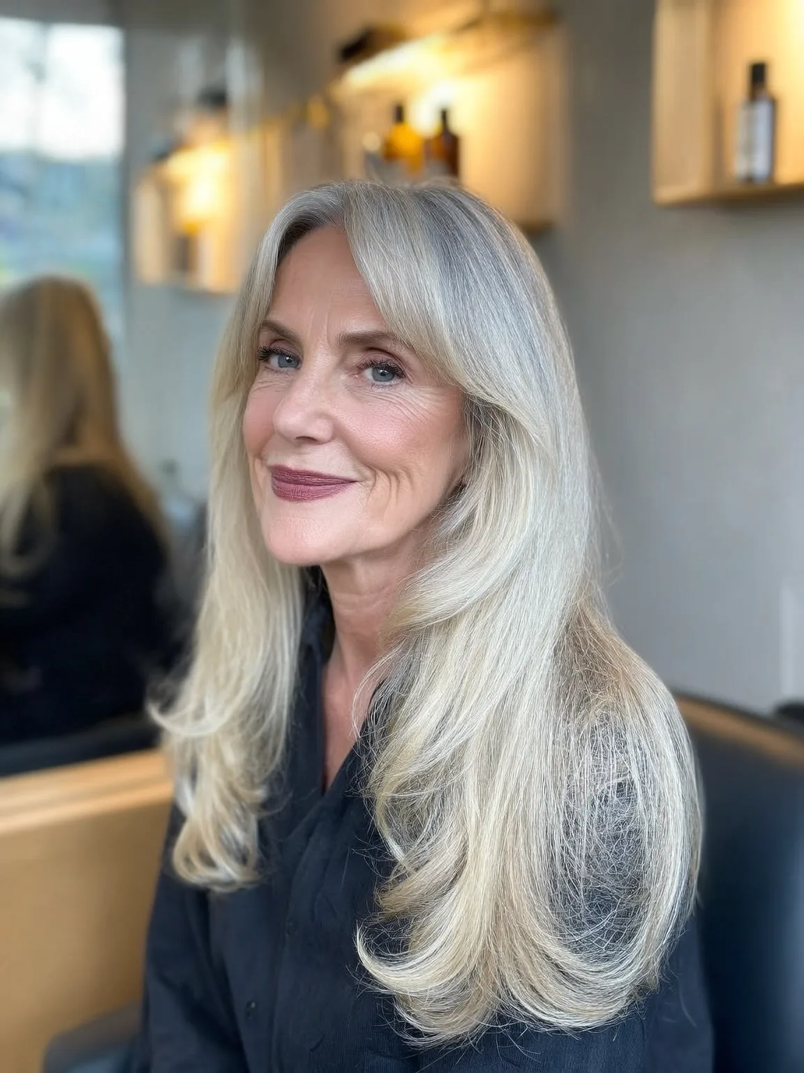 Long Straight Silver Frost Layers with Curtain Bangs